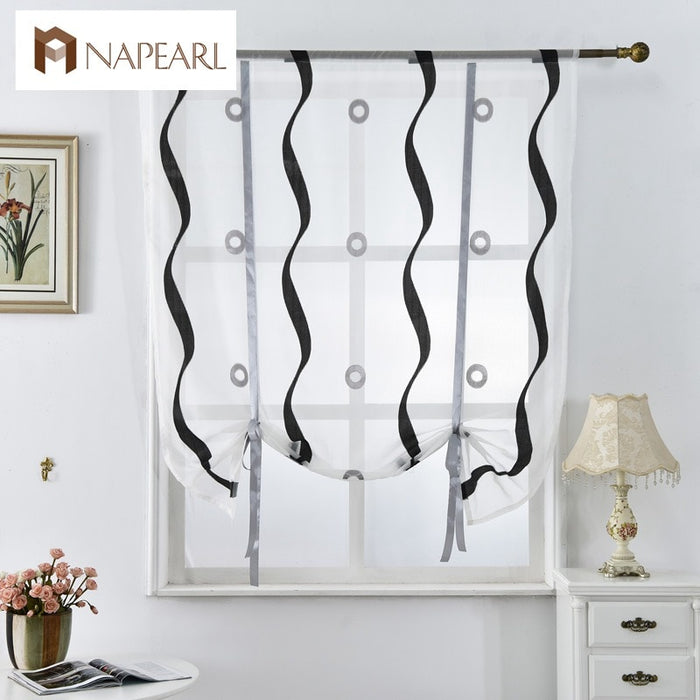 Kitchen curtains short roman blinds white black tulle fabrics sheer panel door curtains window treatment voile jacquard stripe