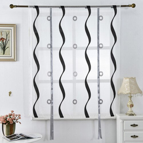 Kitchen curtains short roman blinds white black tulle fabrics sheer panel door curtains window treatment voile jacquard stripe