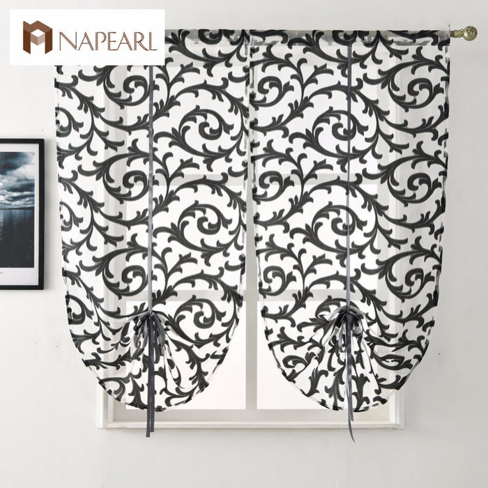 Short kitchen curtain modern window treatment tie up balloon curtain home textile sheer curtain panel tulle white black jacquard