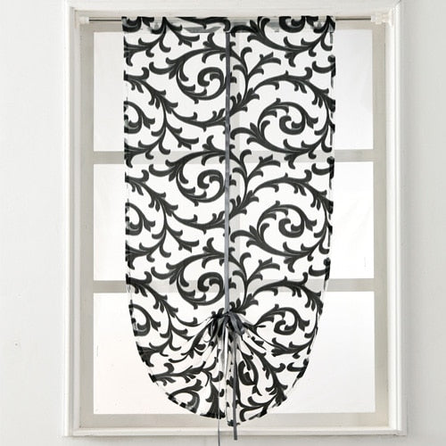 Short kitchen curtain modern window treatment tie up balloon curtain home textile sheer curtain panel tulle white black jacquard