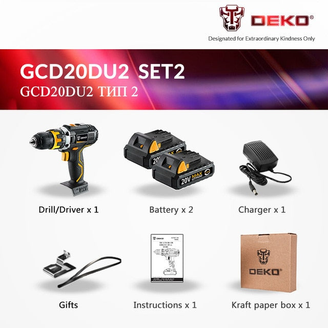 DEKO GCD20DU 20V Max Household DIY Woodworking Lithium-Ion Battery Cordless Drill Driver Power Tools Electric Drill Power Drill