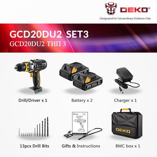 DEKO GCD20DU 20V Max Household DIY Woodworking Lithium-Ion Battery Cordless Drill Driver Power Tools Electric Drill Power Drill