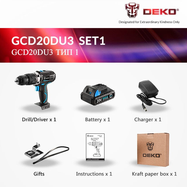 DEKO GCD20DU 20V Max Household DIY Woodworking Lithium-Ion Battery Cordless Drill Driver Power Tools Electric Drill Power Drill