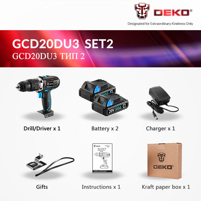 DEKO GCD20DU 20V Max Household DIY Woodworking Lithium-Ion Battery Cordless Drill Driver Power Tools Electric Drill Power Drill