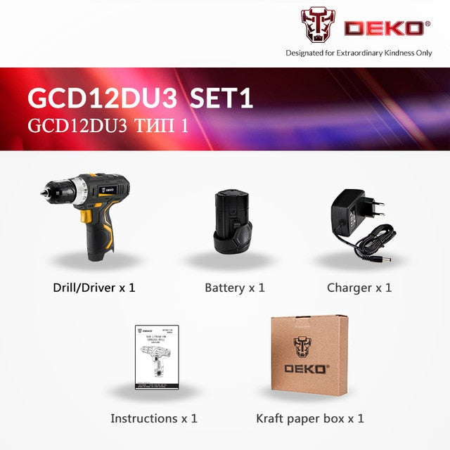 DEKO GCD12DU3 12-Volt Max Lithium-Ion Battery 32N.m 2-Speed Electric Cordless Drill Mini Drill Screwdriver Wireless Power Driver
