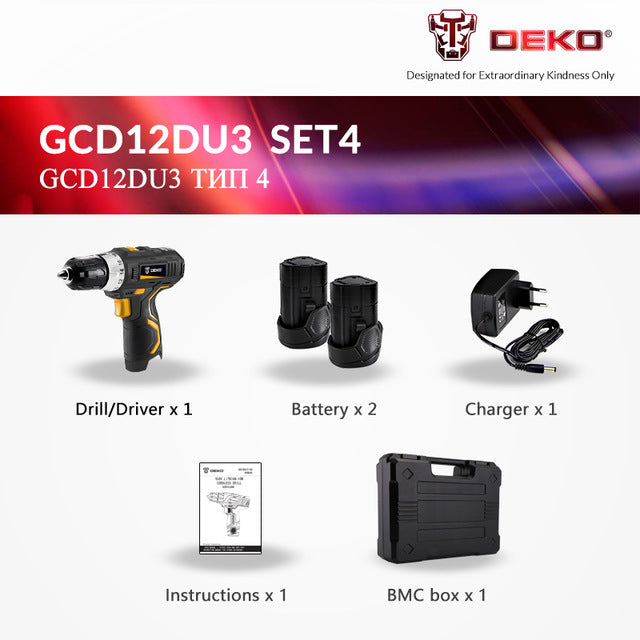 DEKO GCD12DU3 12-Volt Max Lithium-Ion Battery 32N.m 2-Speed Electric Cordless Drill Mini Drill Screwdriver Wireless Power Driver