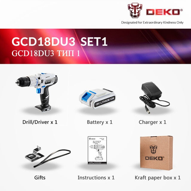 DEKO GCD18DU3 Electric Screwdriver Cordless Drill Impact Drill Power Driver 18-Volt DC Lithium-Ion Battery 13mm 50N.m 2-Speed