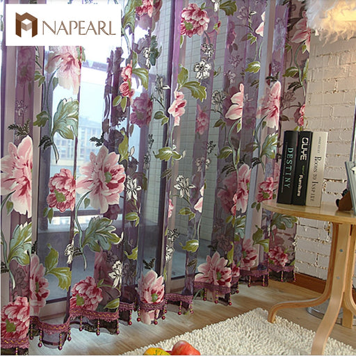 NAPEARL New classical classic flower curtain window screening customize finished products purple tulle curtain