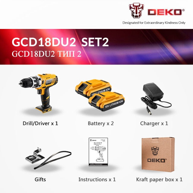 DEKO GCD18DU2 Electric Screwdriver Cordless Drill Wireless Power Driver 18-Volt DC Lithium-Ion Battery 1/2-Inch 2-Speed