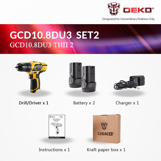 DEKO GCD10.8DU3 10.8-Volt Electric Screwdriver Cordless Drill Mini Wireless Power Driver DC Lithium-Ion Battery 10mm 2-Speed