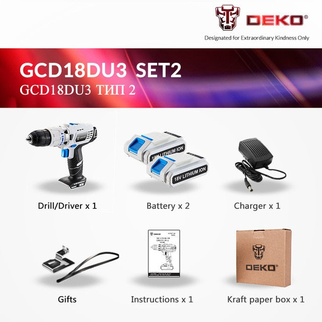 DEKO GCD18DU3 Electric Impact Drill Power Driver 18-Volt DC Lithium-Ion Battery Screwdriver Cordless Drill 13mm 50N.m 2-Speed
