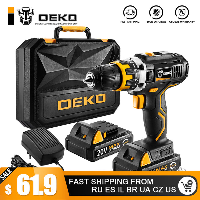 DEKO GCD20DU2Y 20Volt Max Electric Screwdriver Cordless Drill Mini Wireless Power Driver DC Lithium-Ion Battery 1/2-Inch 2-Speed