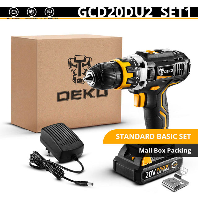 DEKO GCD20DU Series Electric Screwdriver Cordless Drill Impact Drill Power Driver 20V Max DC Lithium-Ion Battery 13mm 2-Speed