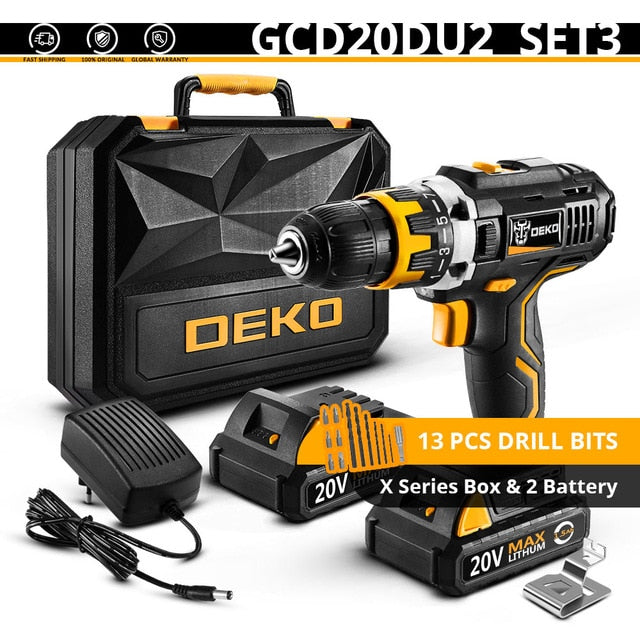 DEKO GCD20DU Series Electric Screwdriver Cordless Drill Impact Drill Power Driver 20V Max DC Lithium-Ion Battery 13mm 2-Speed