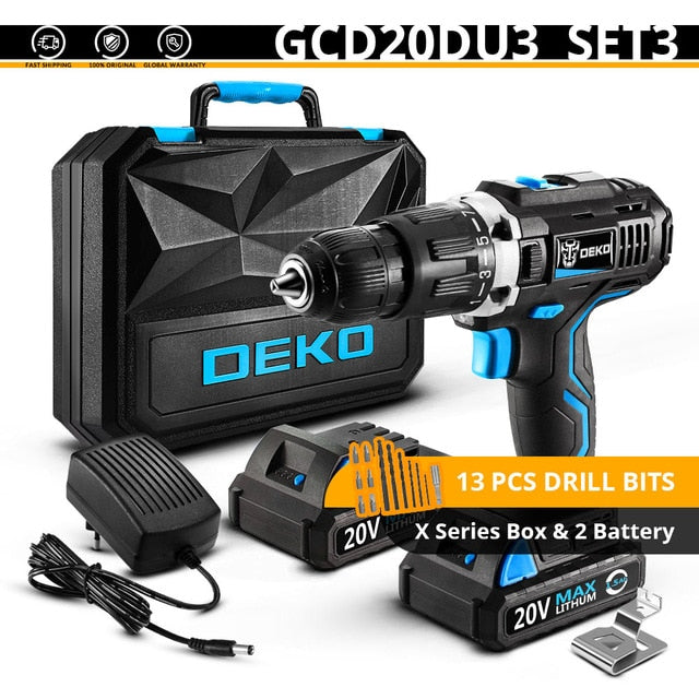DEKO GCD20DU Series Electric Screwdriver Cordless Drill Impact Drill Power Driver 20V Max DC Lithium-Ion Battery 13mm 2-Speed