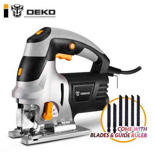 DEKO 800W Jig Saw Laser Guide 6 Variable Speed Electric Saw with 6 Pieces Blades, Metal Ruler, Allen Wrench Jigsaw Power Tools