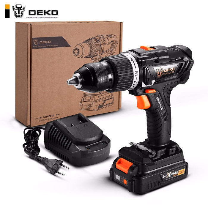 DEKO GBD20DU3 20-Volt Max Brushless Electric Impact Drill Cordless Screwdriver 2 Ah Lithium-Ion Battery 13mm 2-Speed 58Nm Torque