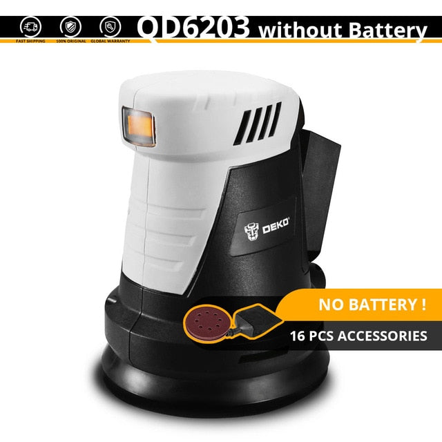 DEKO QD6203 20V Cordless Random Orbit Sander with 15 Sheets of sandpaper and Hybrid dust canister Lithium-Ion Battery 10,000/min