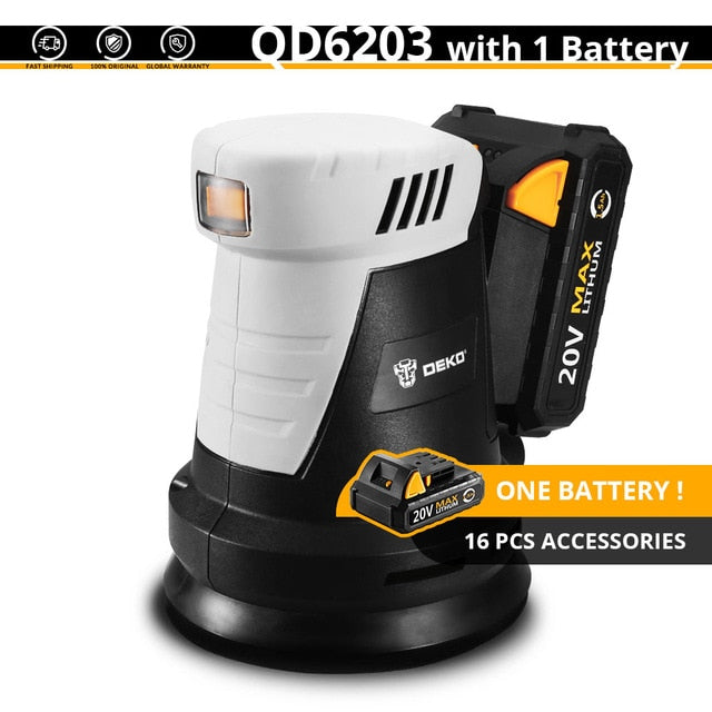 DEKO QD6203 20V Cordless Random Orbit Sander with 15 Sheets of sandpaper and Hybrid dust canister Lithium-Ion Battery 10,000/min